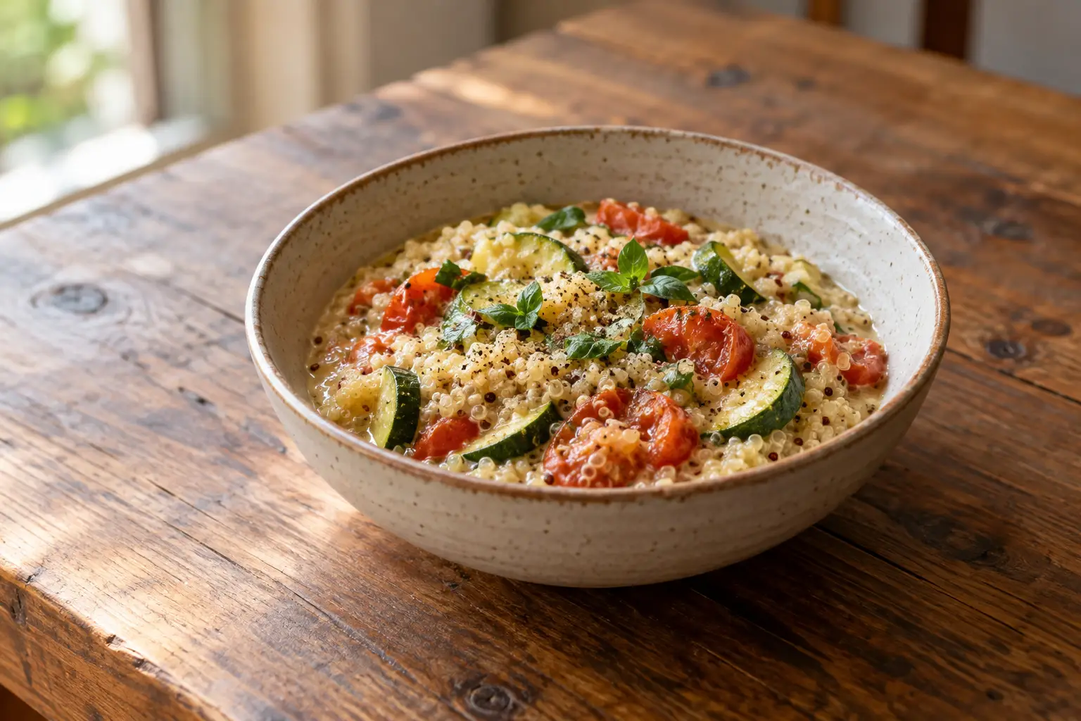 Komkommers, cherrytomaatjes en kruiden door romige quinoa in kom op tafel